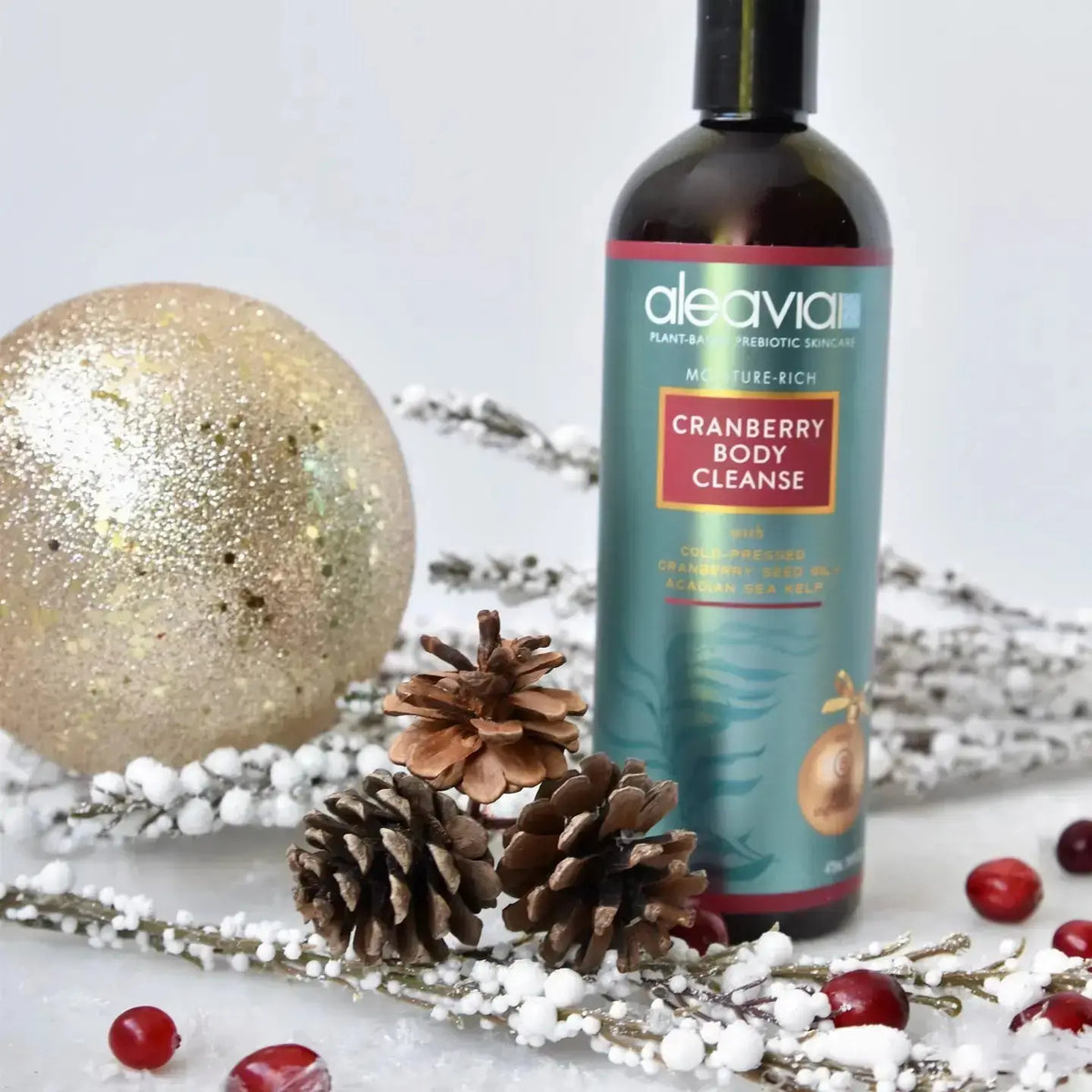 Aleavia Cranberry Body Cleanse body wash with cranberry extract, clear bottle with pump dispenser and label detailing.