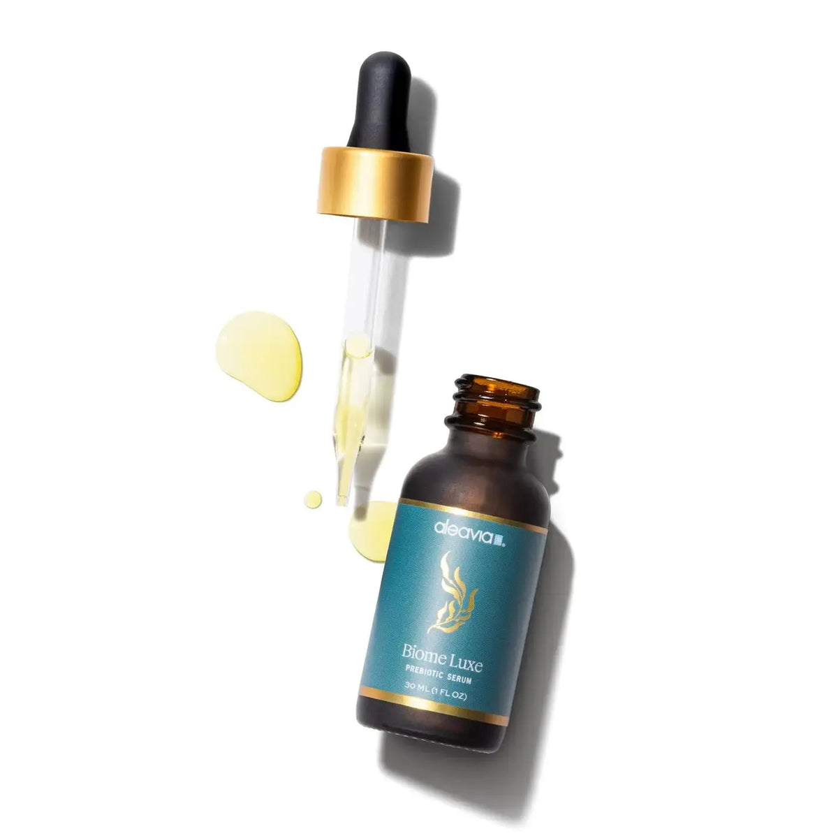 Aleavia Biome Luxe Prebiotic Serum in a lotion and moisturizer bottle, showcasing its sleek packaging and clear labeling.