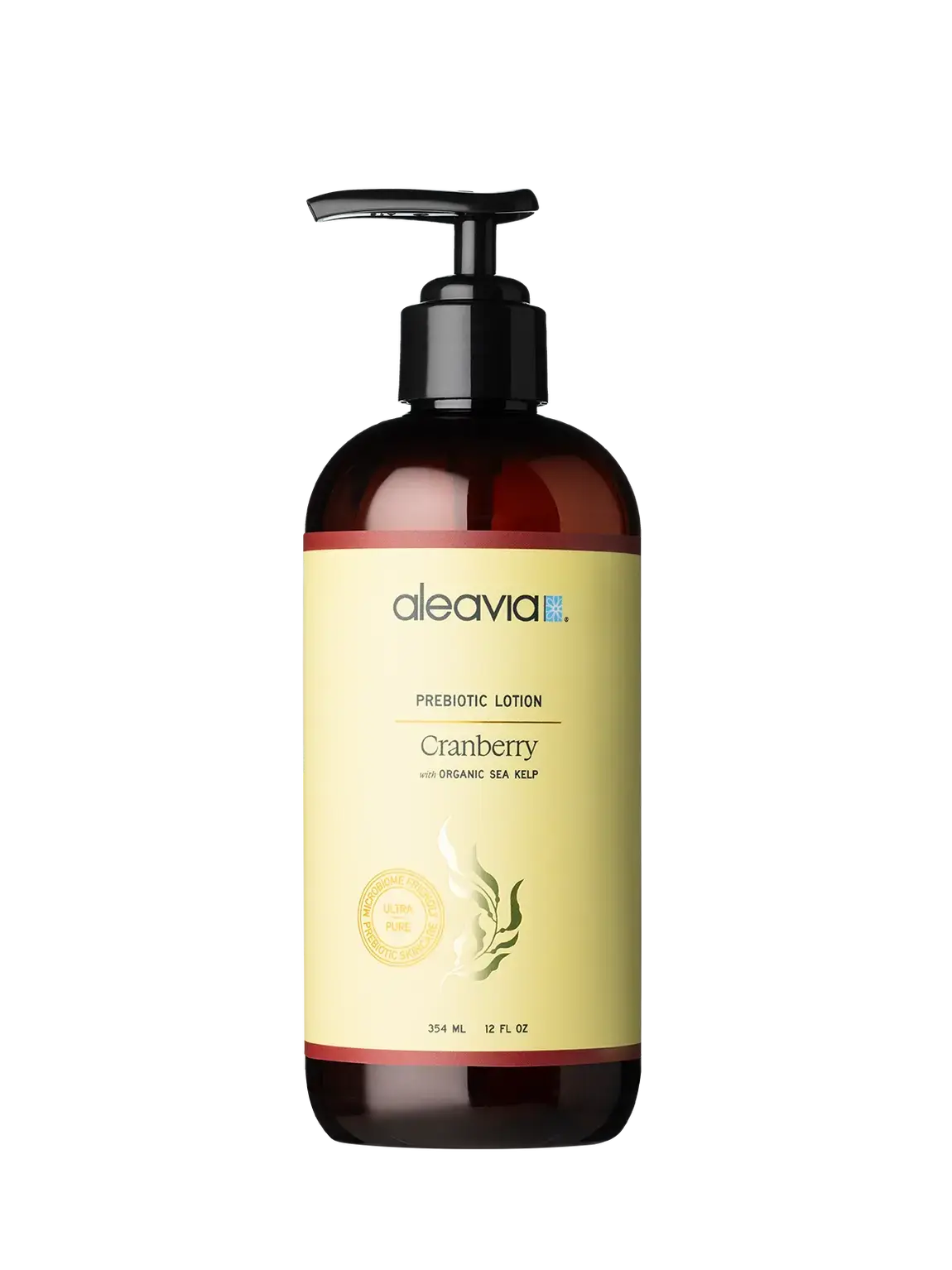Creamy cranberry pre-biotic lotion by Aleavia, moisturizing and nourishing skin with natural ingredients in a smooth lotion form.