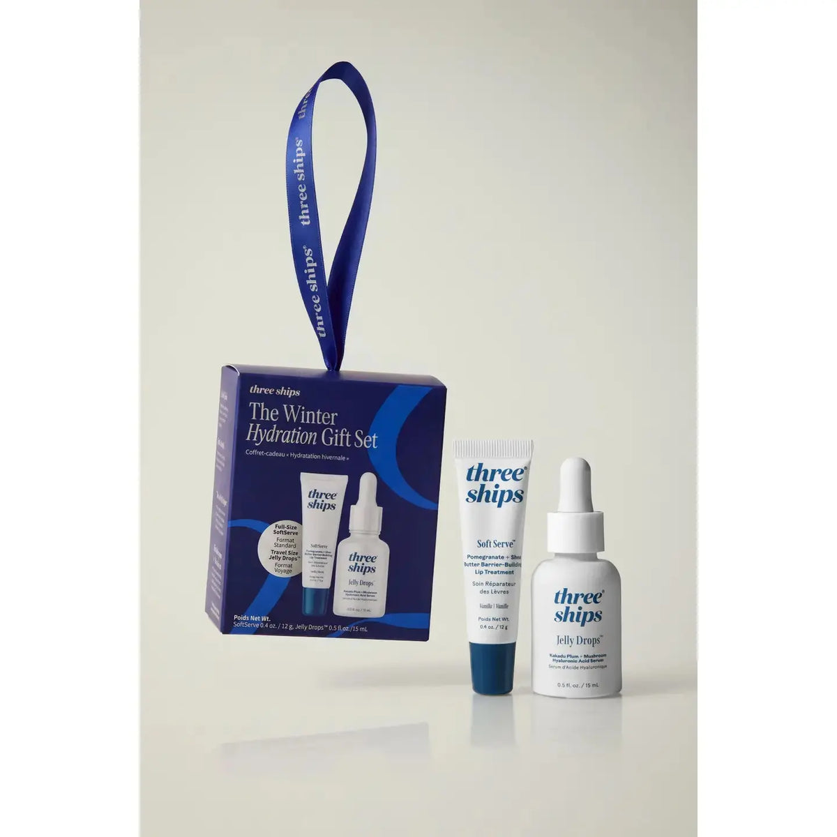 Three Ships Winter Hydration skin care gift set with moisturizing creams and serums in festive packaging, ideal for winter skincare.