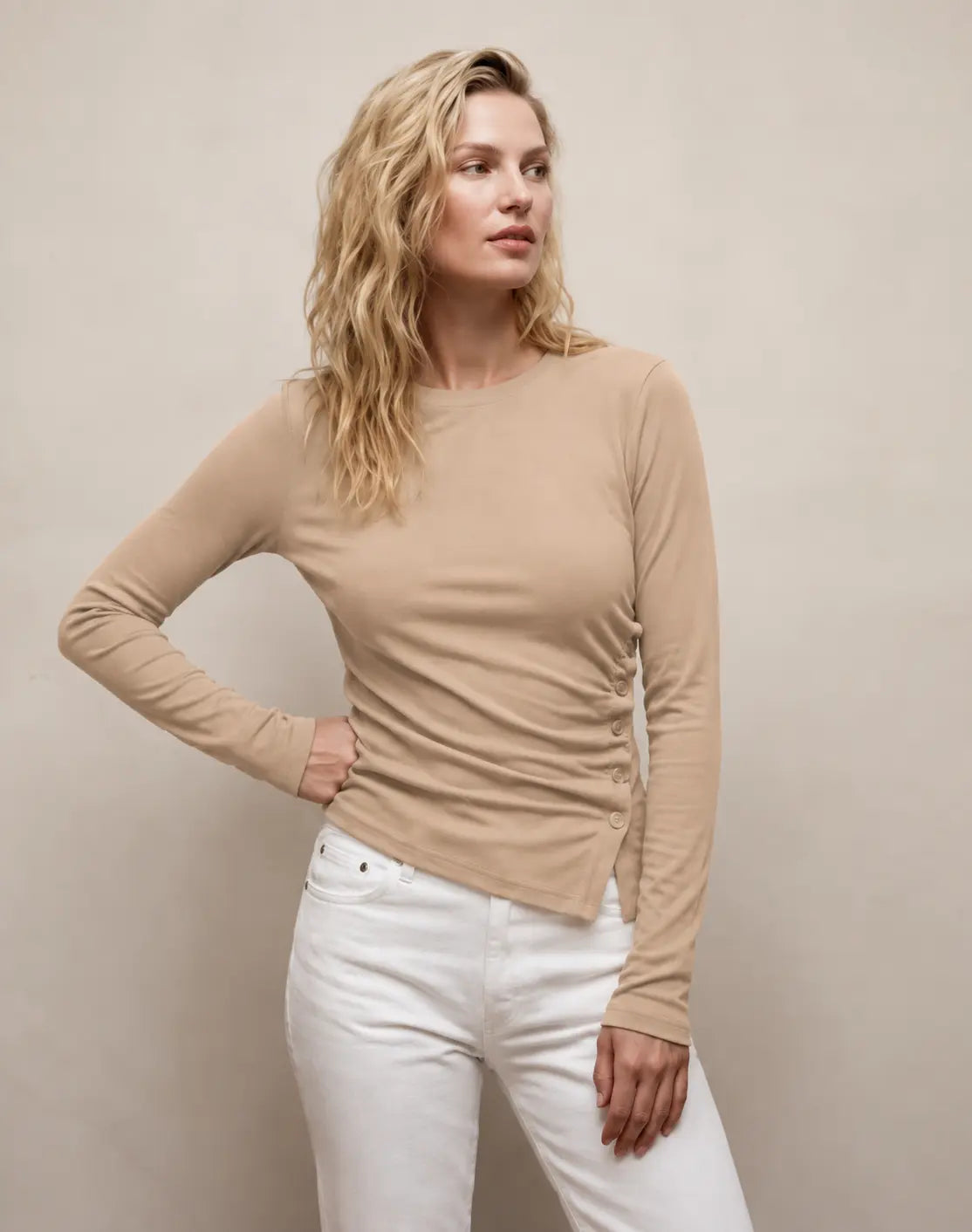 Sage Side Button Rib Top