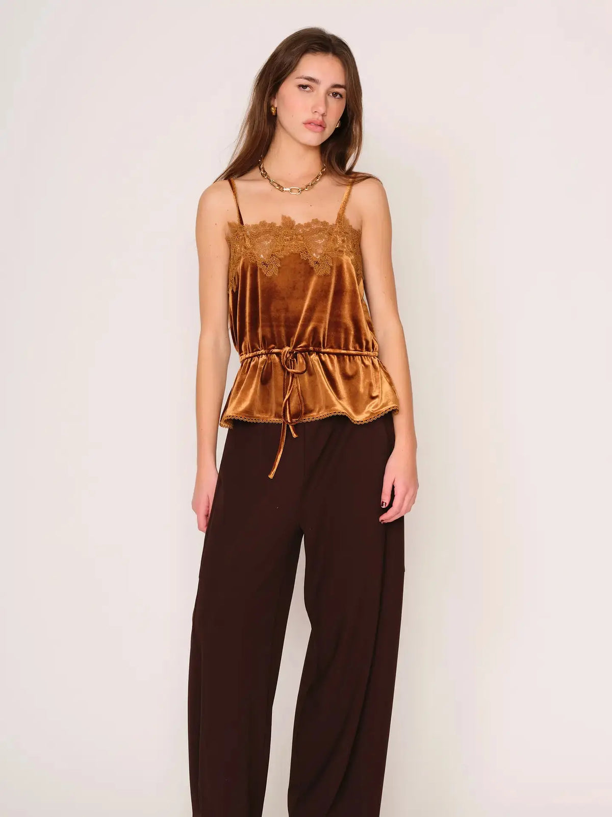 dRA Los Angeles Clementine Velvet Lace Cami with delicate lace trim and soft velvet fabric, displayed on a hanger.