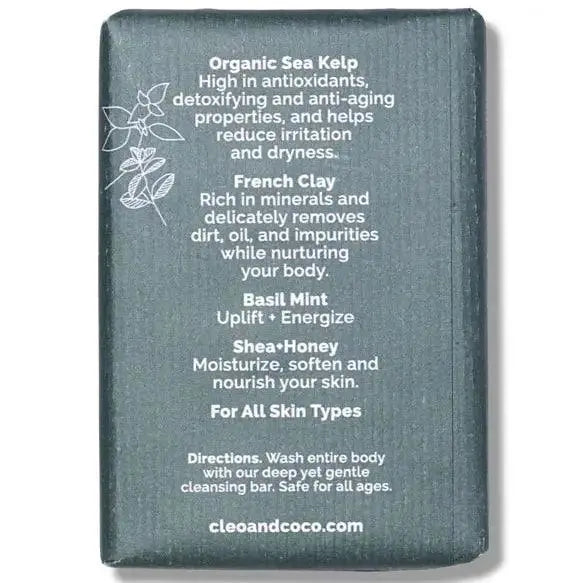 Cleo + Coco Mineral Cleanse Hand and Body Bar soap with natural ingredients, showcasing the bar soap’s textured surface and branding.