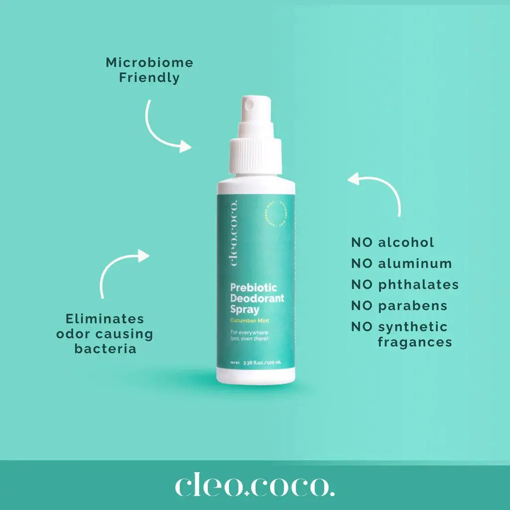 Cleo + Coco prebiotic deodorant spray with natural ingredients, shown in a sleek bottle with a spray nozzle.