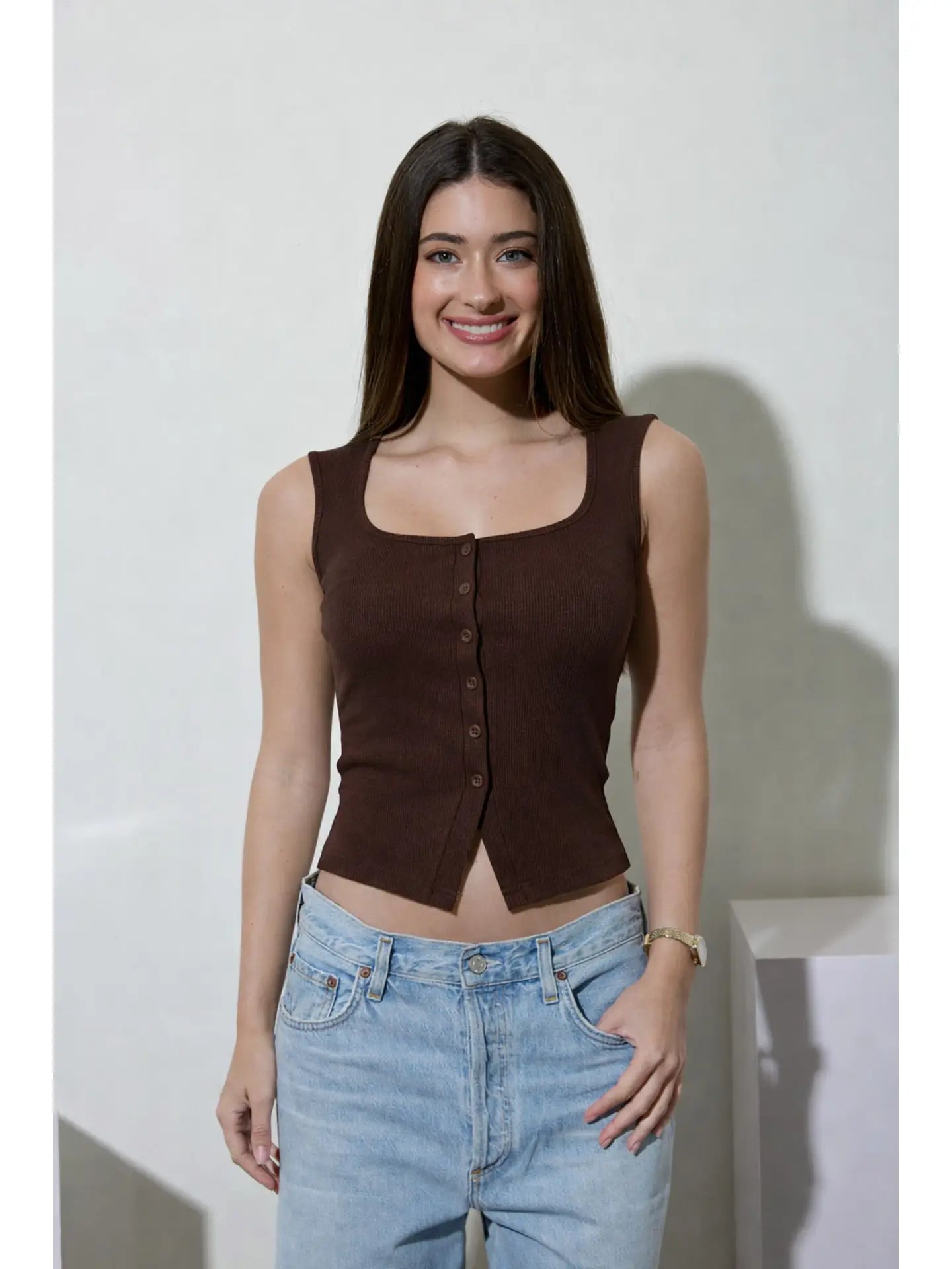Espresso Ribbed Button Front Tank Moonriver