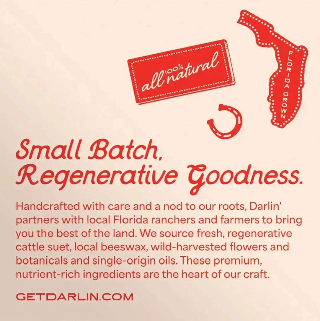 Darlin Skincare beard and face balm jar with label, showing the product's natural moisturizer for facial hair and skin care.