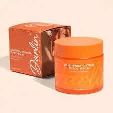 Darlin Skincare Sugared Citrus Body Balm jar with a white lid, showcasing the creamy, citrus-scented moisturizer.