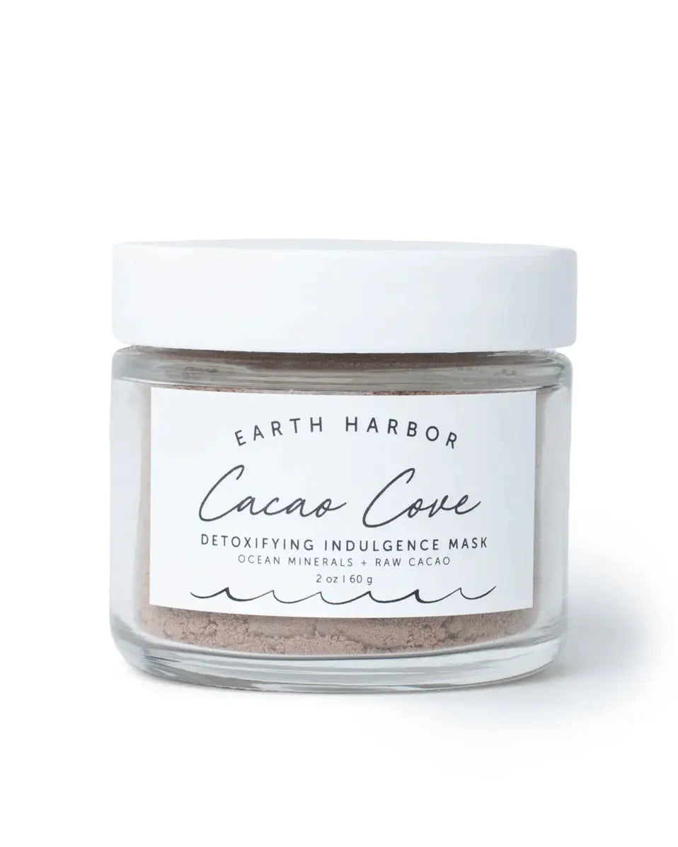 Earth Harbor Cacao Cove Detoxifying Vitamin C Mask in a jar with cacao and citrus ingredients, designed to brighten and purify skin.