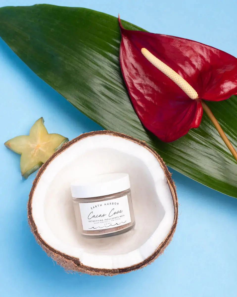 Earth Harbor Cacao Cove Detoxifying Vitamin C Mask with rich cacao ingredients, shown in a jar with a smooth, dark mask texture.