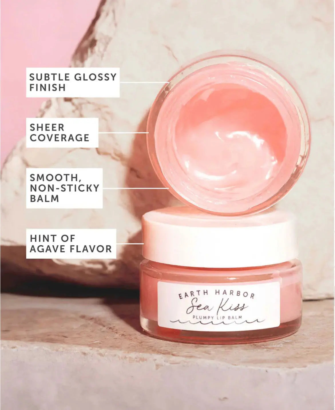 Earth Harbor Sea Kiss Plumpy Lip Balm tube with natural ingredients and moisturizing formula, displayed on a neutral background.