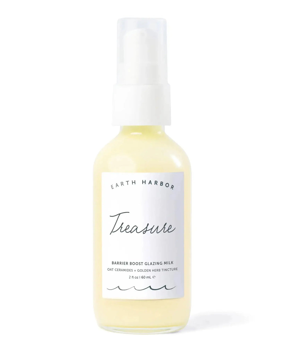 Earth Harbor Treasure Barrier Boost Glazing Milk in a glass bottle, featuring a white cream texture for skin hydration and glow.