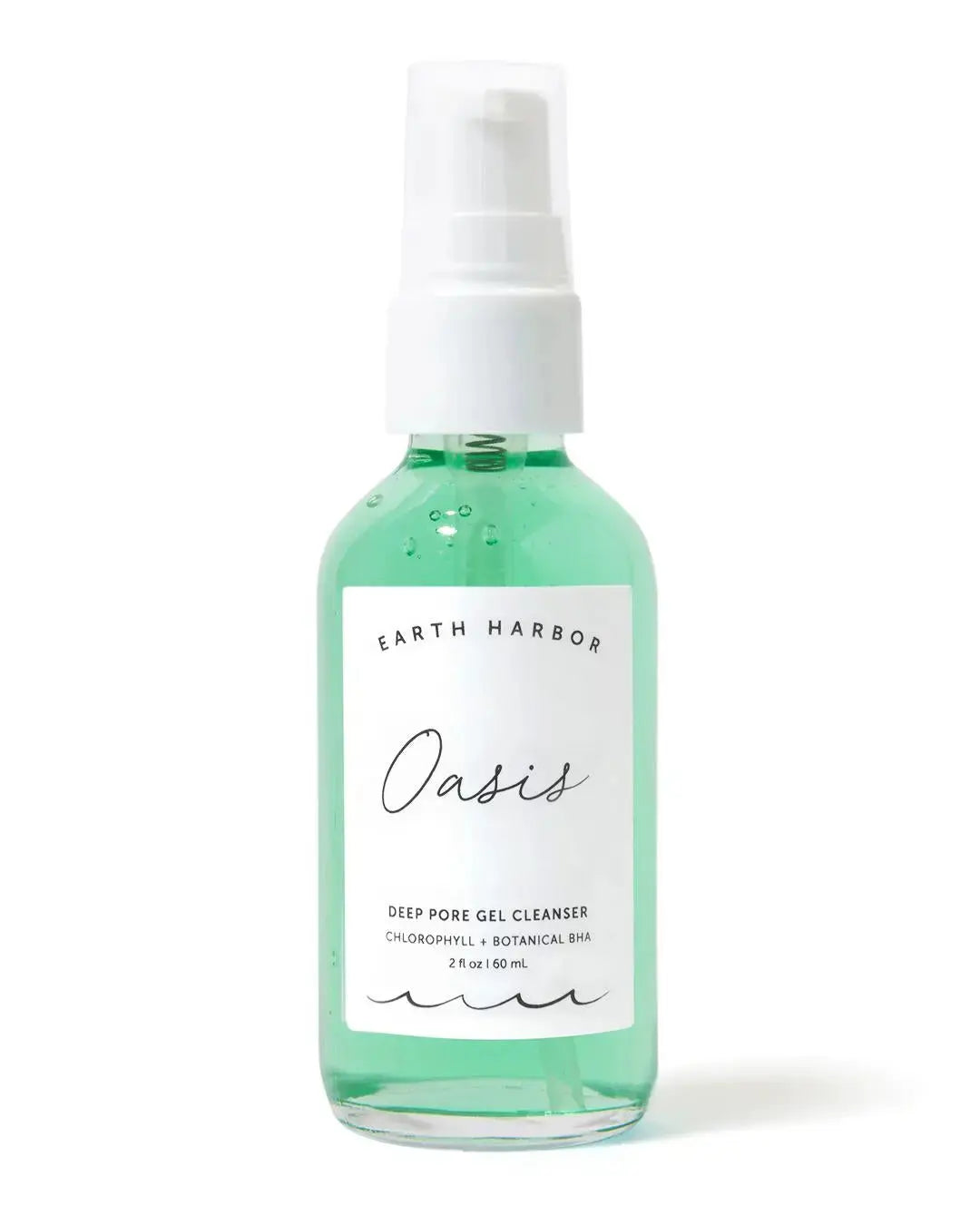 Earth Harbor Oasis Deep Pore Gel Cleanser in a clear pump bottle, showing a gentle, foaming facial cleanser for deep pore cleansing.