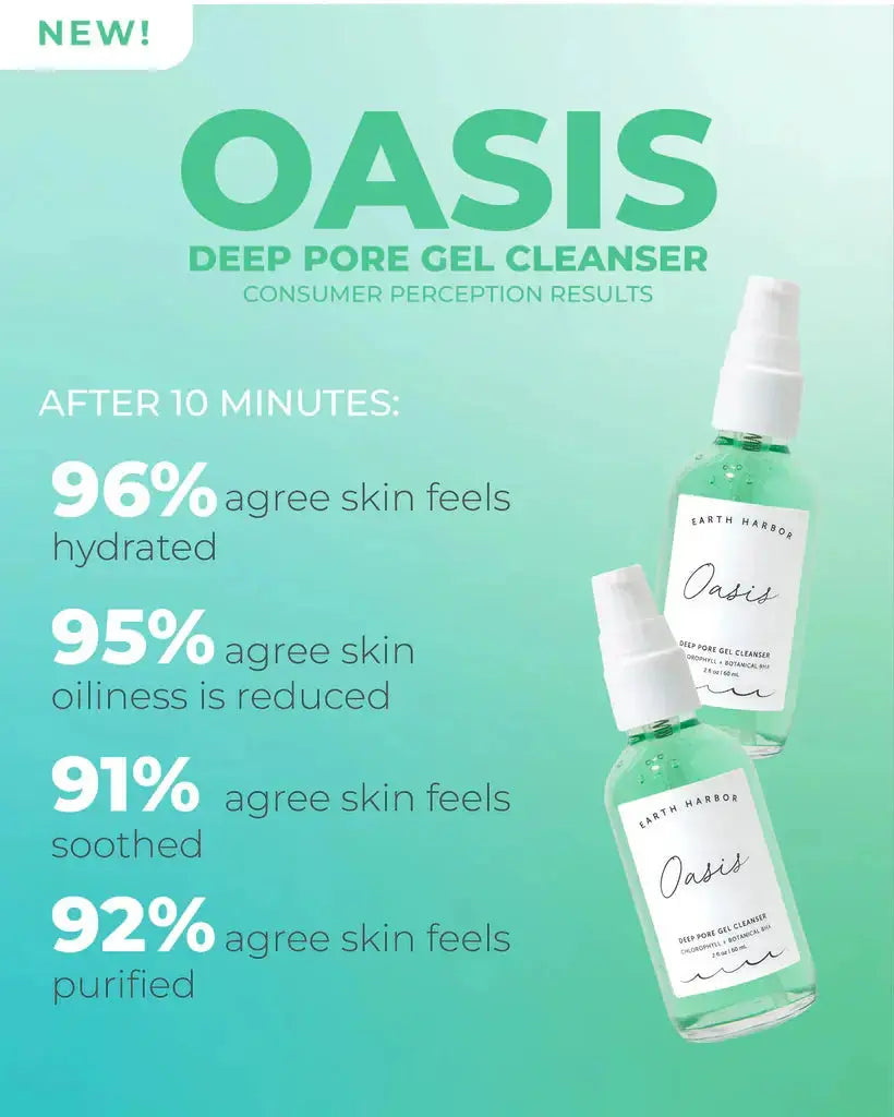 Earth Harbor Oasis Deep Pore Gel Cleanser in a clear tube, showcasing its skincare formula for deep pore cleansing and refreshed skin.