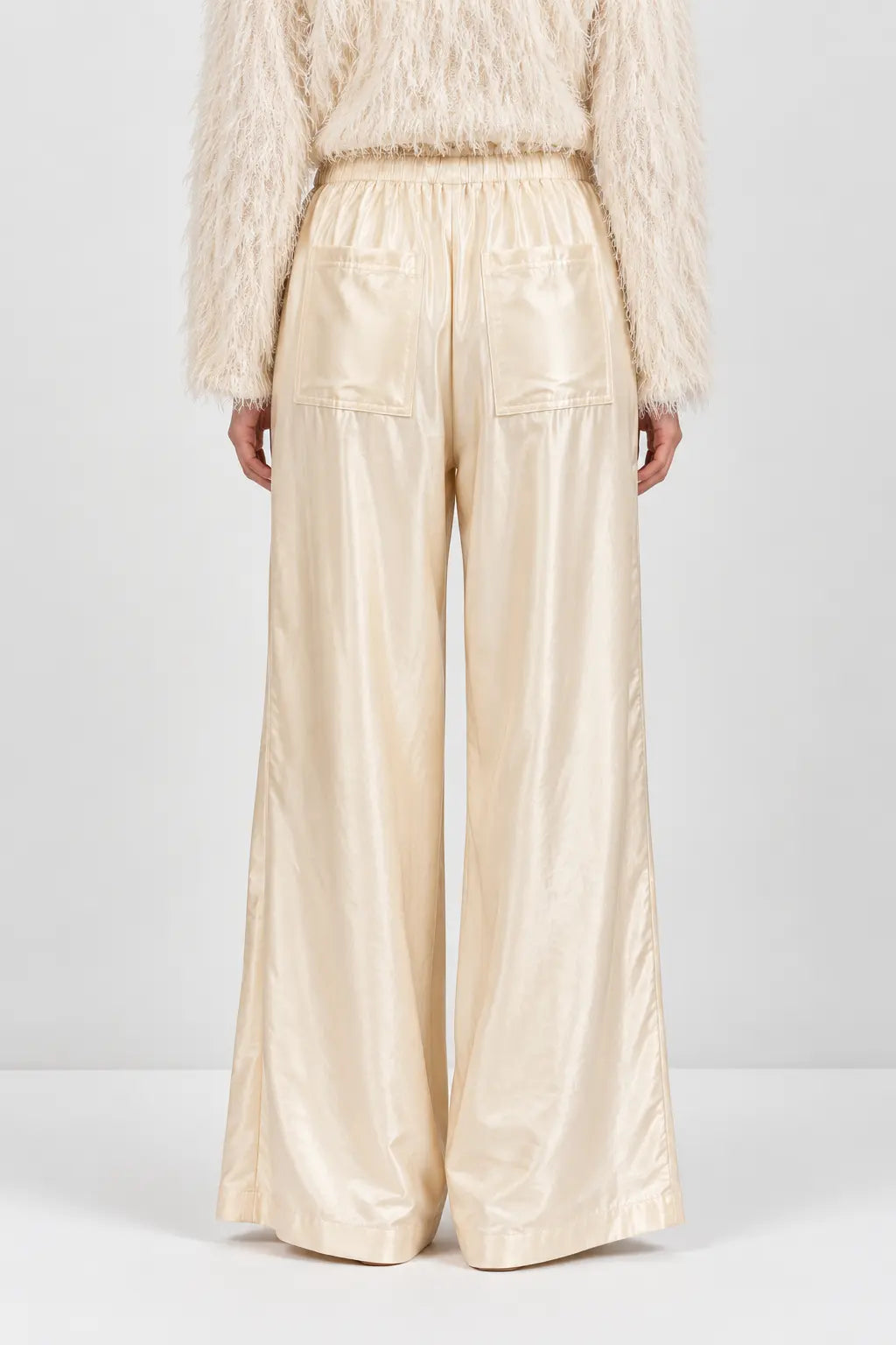 A.ren Elan satin wide-leg pants in a smooth black finish viewed from the front
