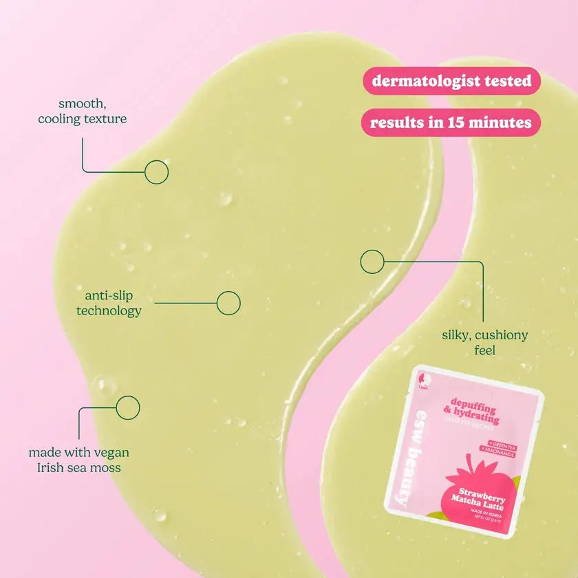 Strawberry Matcha Latte De-Puffing and Hydrating Eye Patches by ESW Beauty, featuring soothing, moisturizing eye care in attractive packaging.
