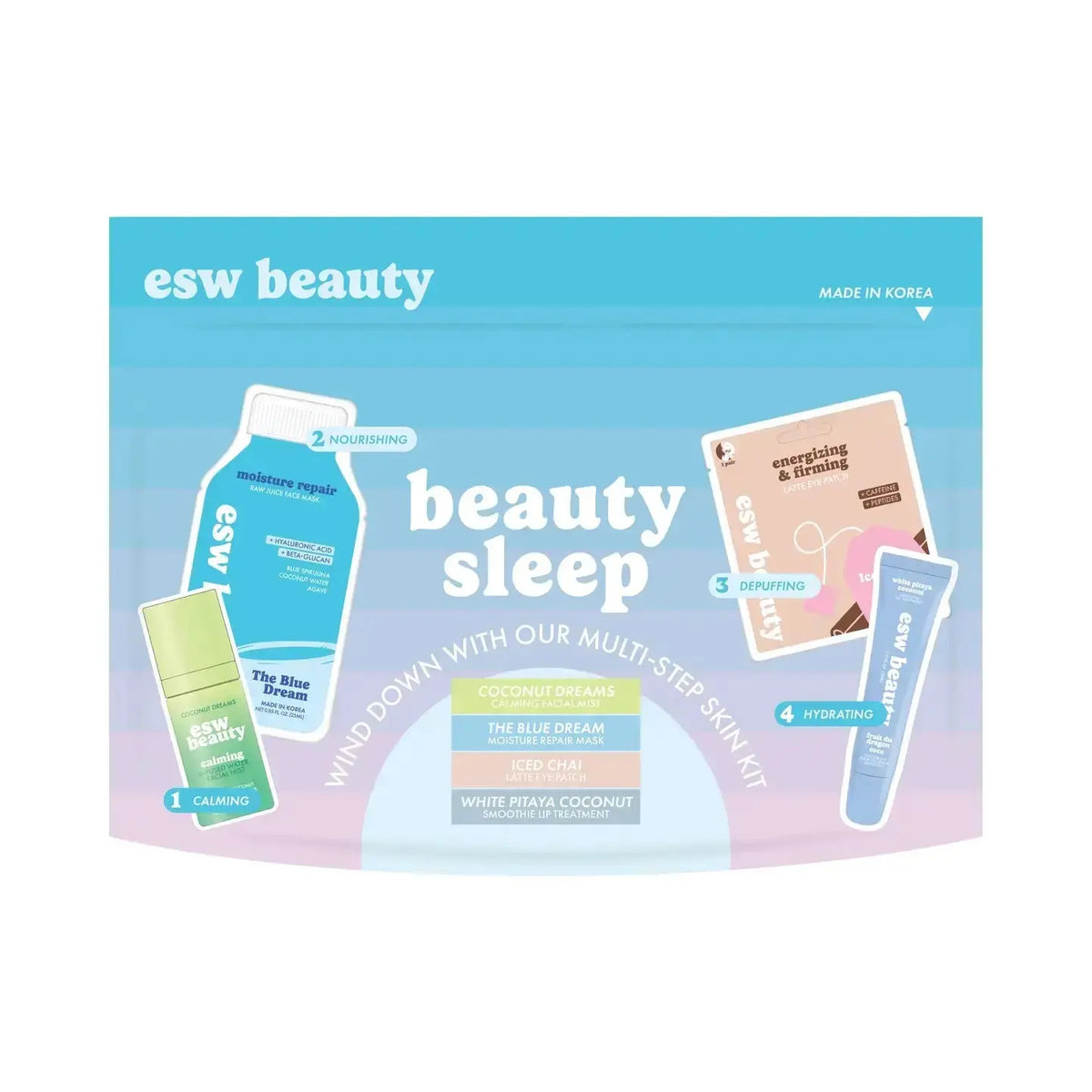 ESW Beauty Beauty Sleep PM Multi-Step Skincare Kit with cleanser, serum, and moisturizer for nighttime skincare routine.