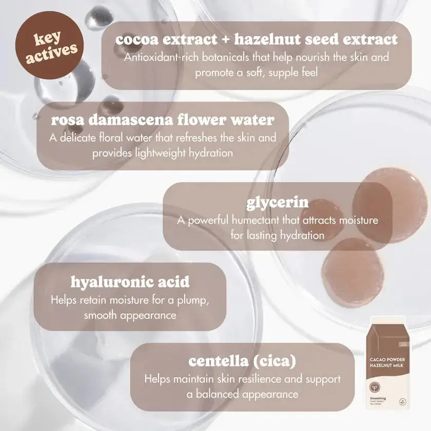 ESW Beauty cacao powder and hazelnut milk plumping sheet mask for hydrating and nourishing skincare.