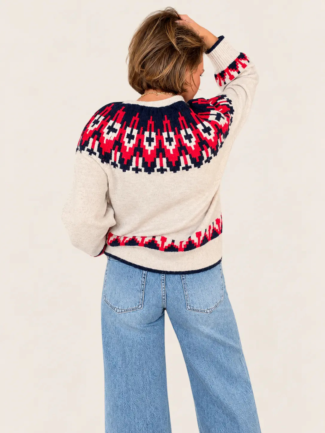 Stateside Alpine Fair Isle sweater featuring a colorful, traditional knit pattern, perfect for cozy winter wear.