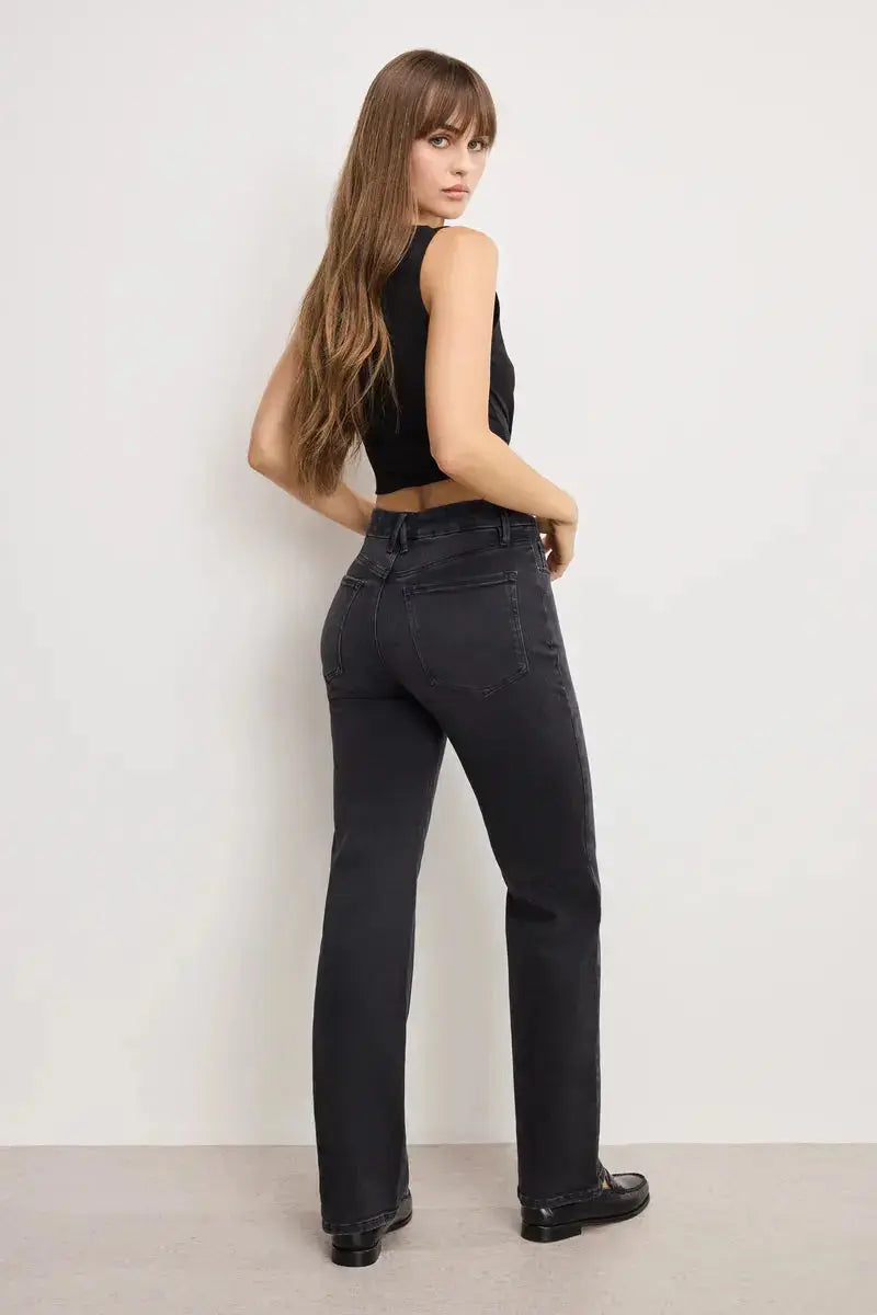 Good American True Straight jeans, high-waisted denim apparel with a classic straight-leg fit, shown flat on a white background.
