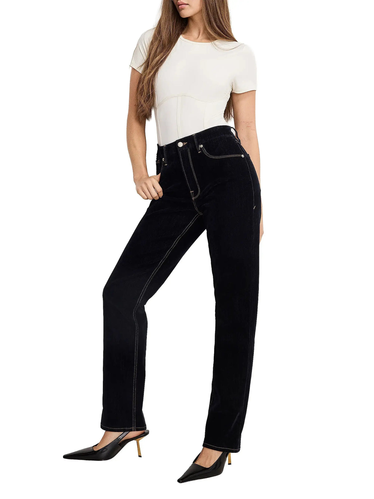 Good American Velvet Denim Jeans, stylish blue apparel with a classic fit and velvet texture, displayed on a neutral background.