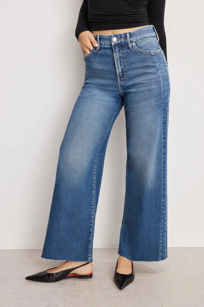 Art piece featuring a cropped denim design inspired by Good Skate, created by Good American, showcasing a stylish denim motif.