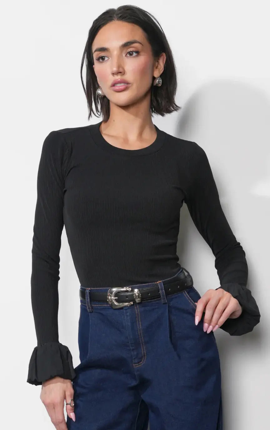 Gray Greylin Audrey Ribben Knit sweater displayed flat with ribbed details and long sleeves, size extra small.