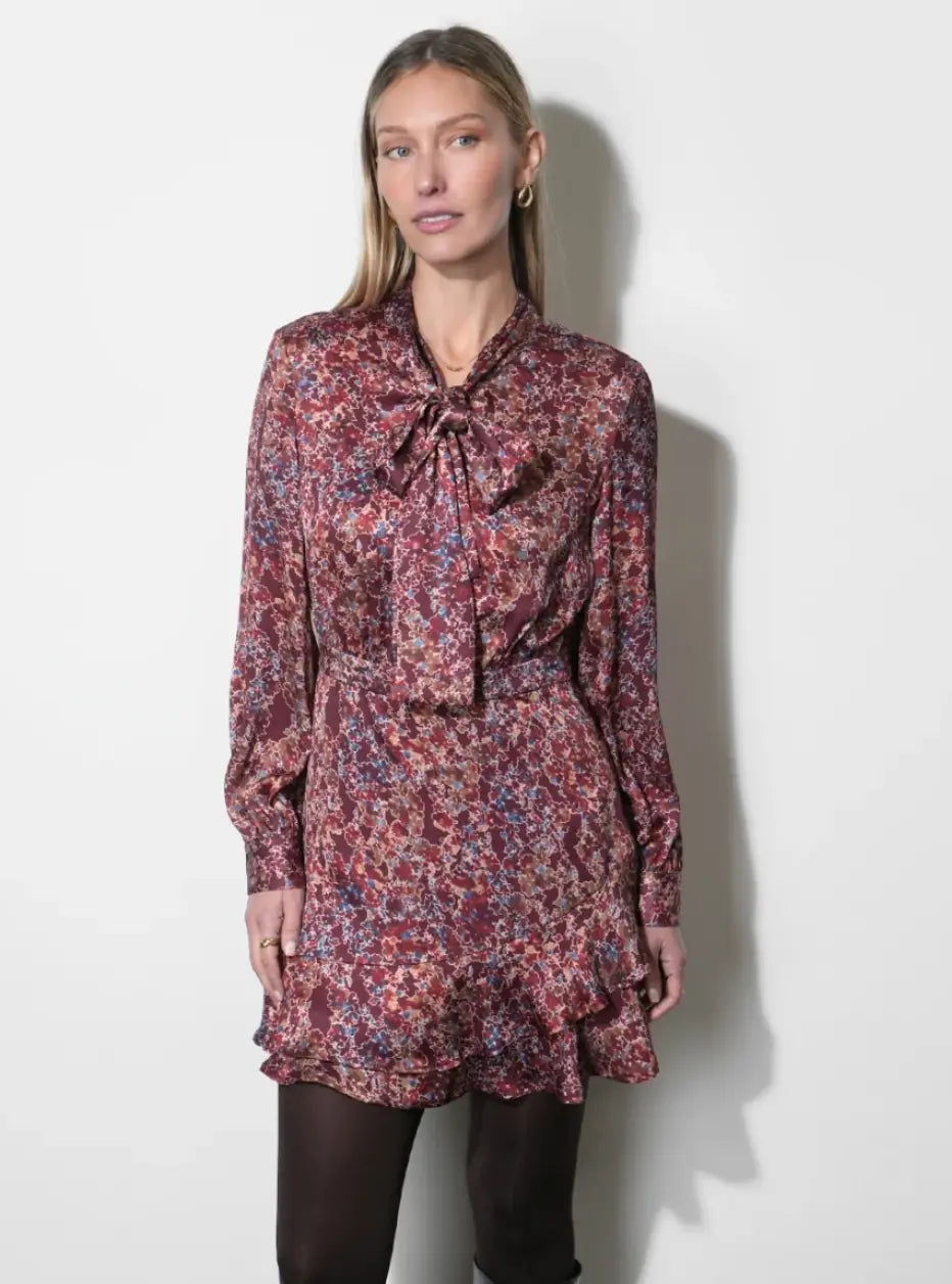 Greylin Olivia tie-neck mini dress in fabric, featuring a stylish tie detail at the neckline and a fitted silhouette.