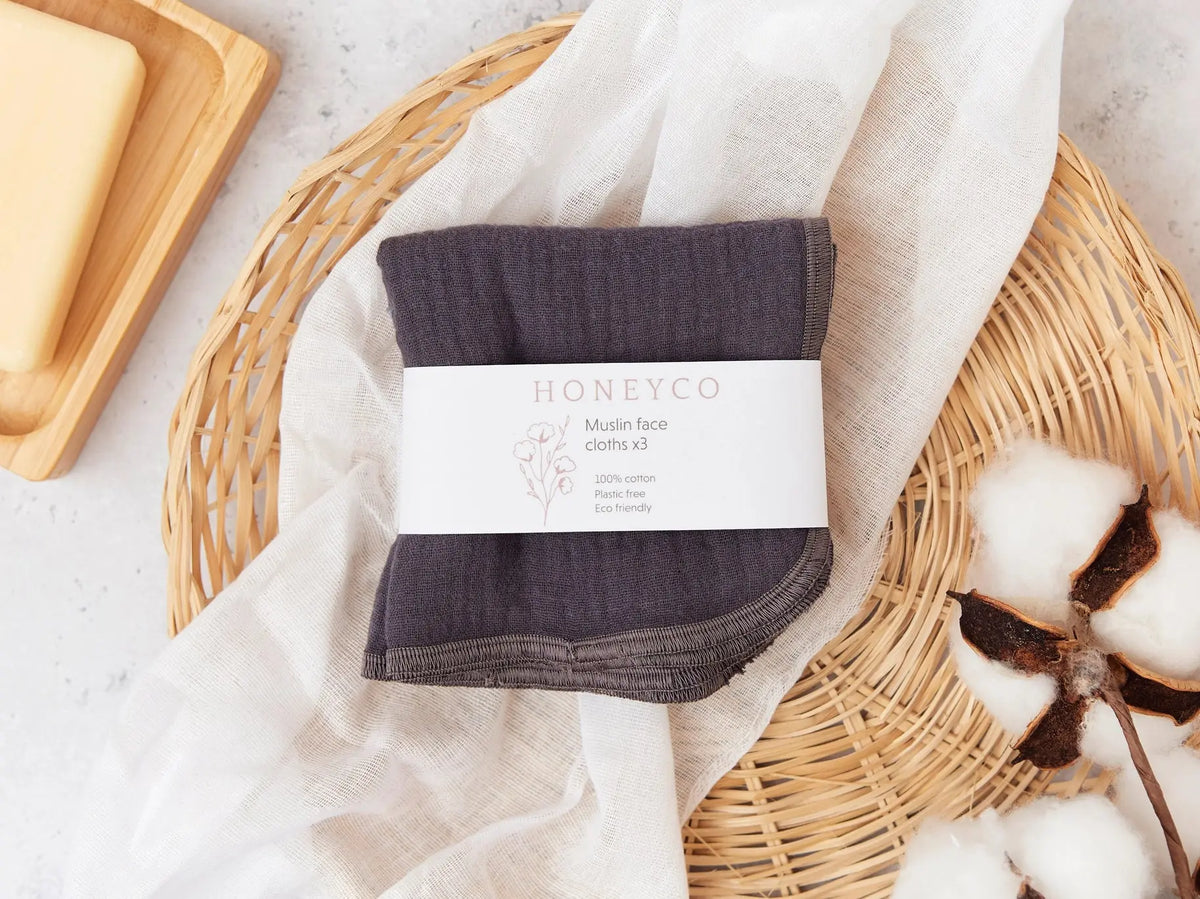 Green HoneyCo Muslin Reusable Face Cloths shown in a set, soft, breathable fabric ideal for gentle skincare and facial cleansing.