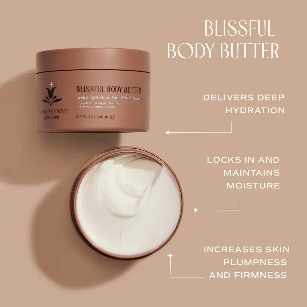 Innersense Organic Beauty Blissful Body Butter jar with a smooth, creamy texture and natural ingredients in a sleek container.