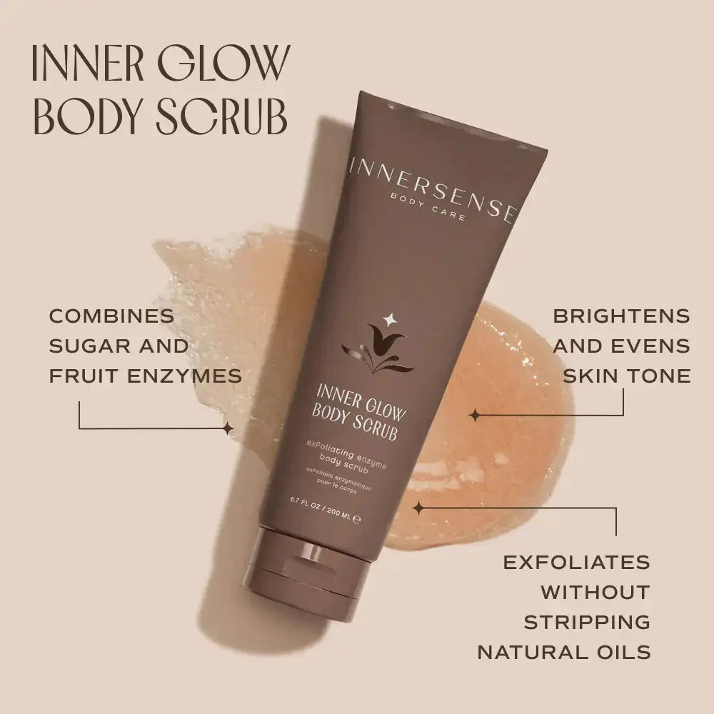 Innersense Organic Beauty Inner Glow Body Scrub showing a jar with textured scrub and natural ingredients on a clean background