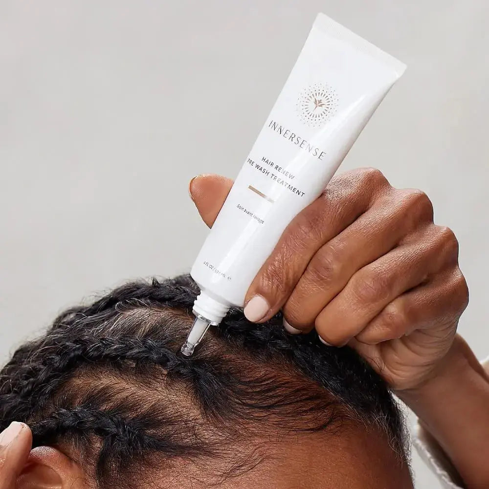 Innersense Organic Beauty Hair Renew Pre Wash Treatment bottle, natural hair care product for scalp and hair renewal.