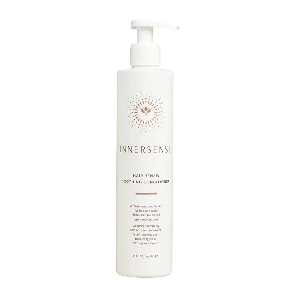 Innersense Organic Beauty Hair Renew Soothing Conditioner bottle shown, natural haircare product for nourishing and hydrating hair.