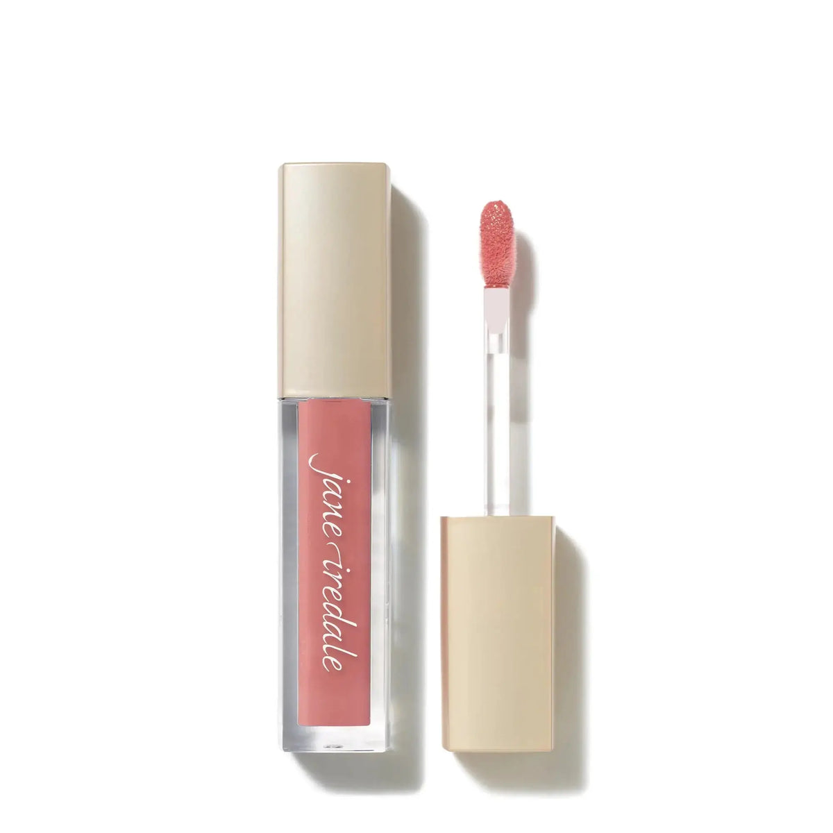 Jane Iredale ColorLuxe High Impact Lip Glaze in natural nude shade, glossy finish, with applicator brush visible.