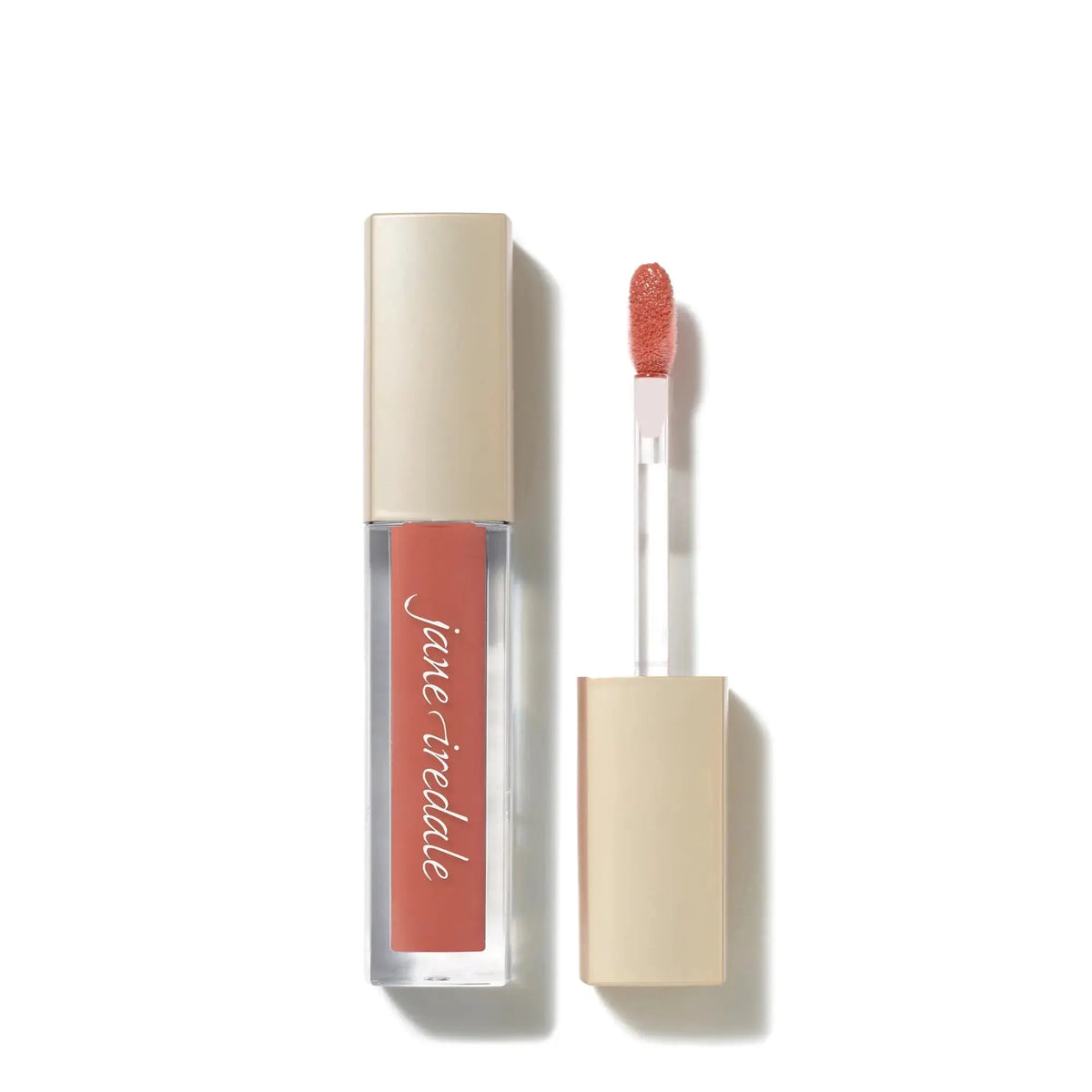 Jane Iredale ColorLuxe High Impact Lip Glaze in natural nude shade, glossy finish, applicator wand visible.