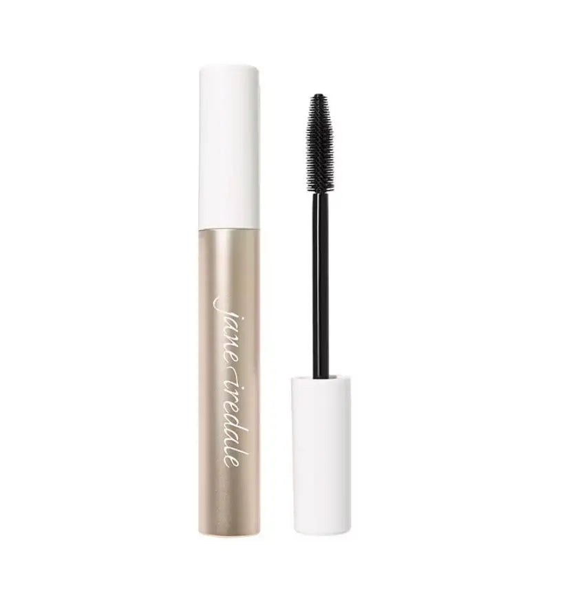 Jane Iredale Lash Fixation Length & Definition Tubing Mascara on black lashes, showcasing lengthening and defining effects.