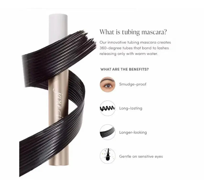 Jane Iredale Lash Fixation Length & Definition Tubing Mascara showing black mascara wand and tube with product branding.