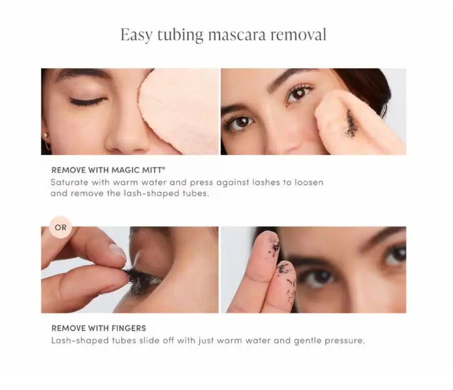 Jane Iredale Lash Fixation Length & Definition Tubing Mascara applied on eyelashes showing lengthening and defining effect.