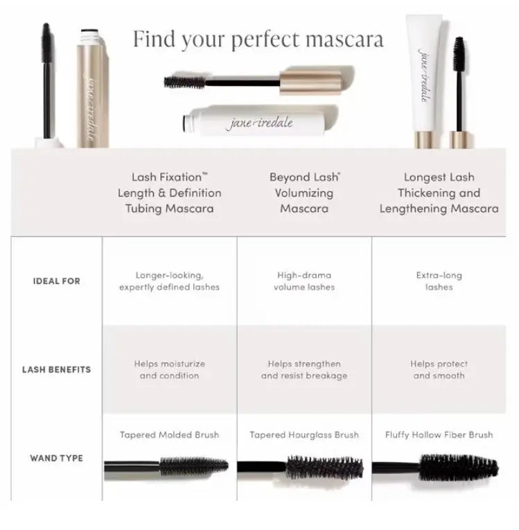 Jane Iredale Lash Fixation Length & Definition Tubing Mascara with black formula, showcasing a close-up of the mascara wand and product packaging.
