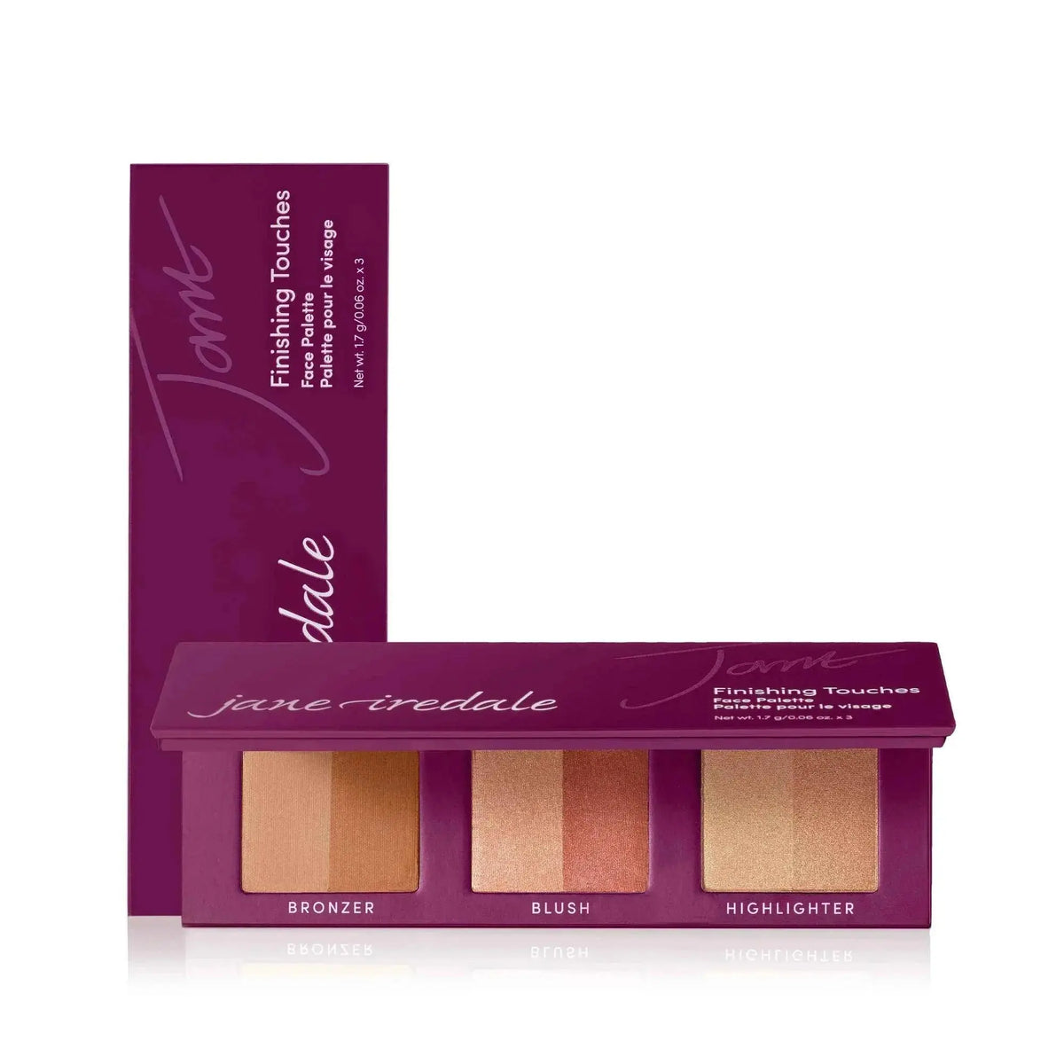 Jane Iredale Finishing Touches Face Palette with multiple shades of cosmetics for highlighting, contouring, and blush application.