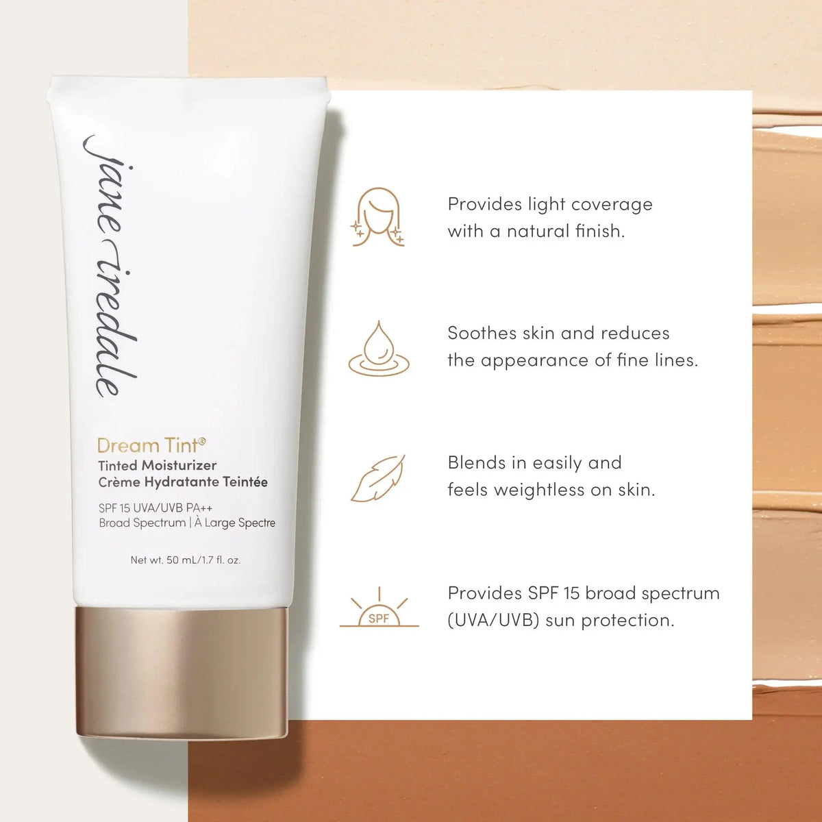 Jane Iredale Dream Tint® Tinted Moisturizer SPF 15 foundation in light shade, showing smooth, lightweight formula in a sleek container.