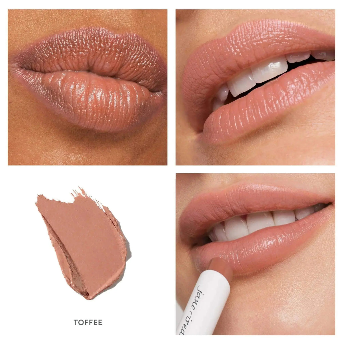 Jane Iredale ColorLuxe Hydrating Cream Lipstick in Toffee shade, showcasing a smooth, creamy lipstick with a natural finish.