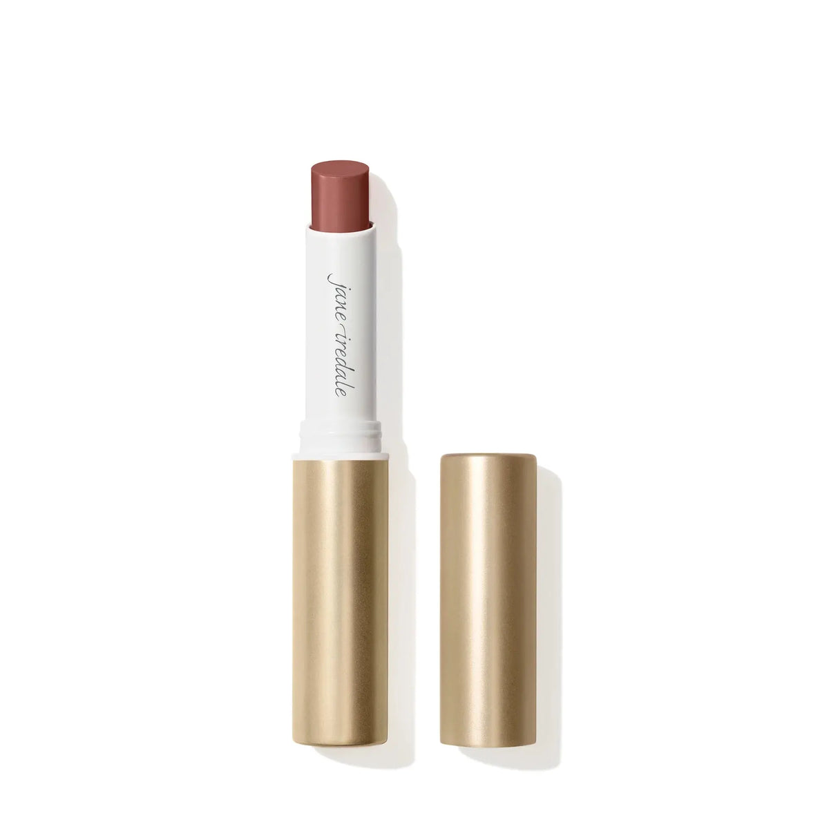 Jane Iredale ColorLuxe Hydrating Cream Lipstick in toffee shade, showing a smooth, creamy lipstick bullet in a sleek tube.