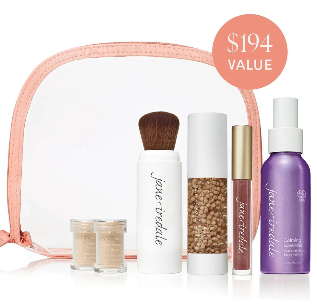 Jane Iredale After Glow makeup kit with nude-toned products including hydrate and glow items in sleek packaging.
