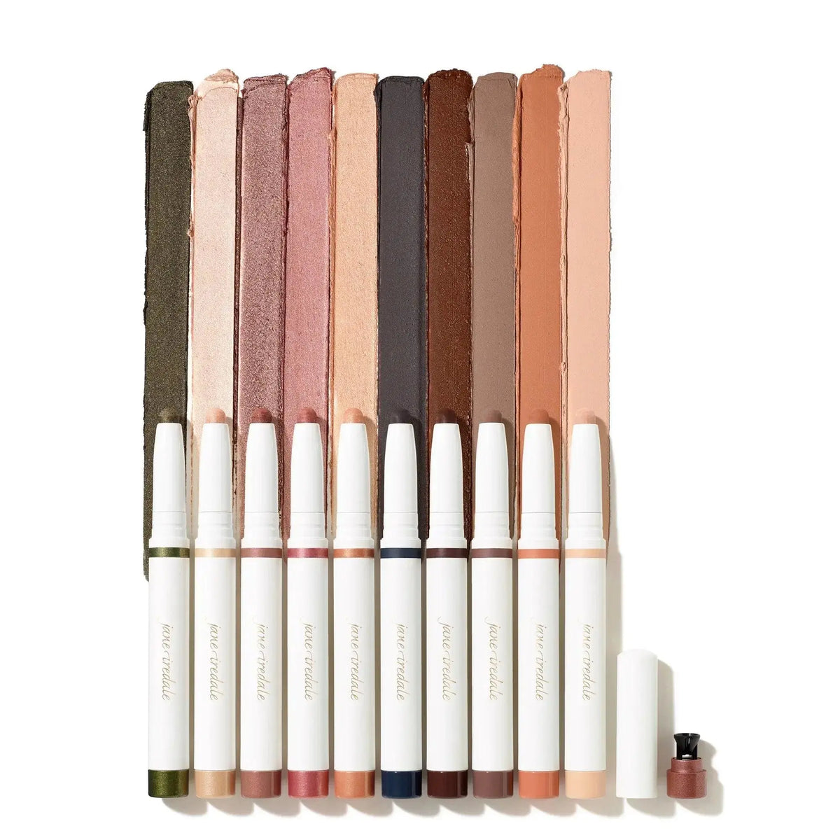 Jane Iredale ColorLuxe Eye Shadow Stick in saddle shade, showcasing the makeup product with its smooth, blended eyeshadow application.