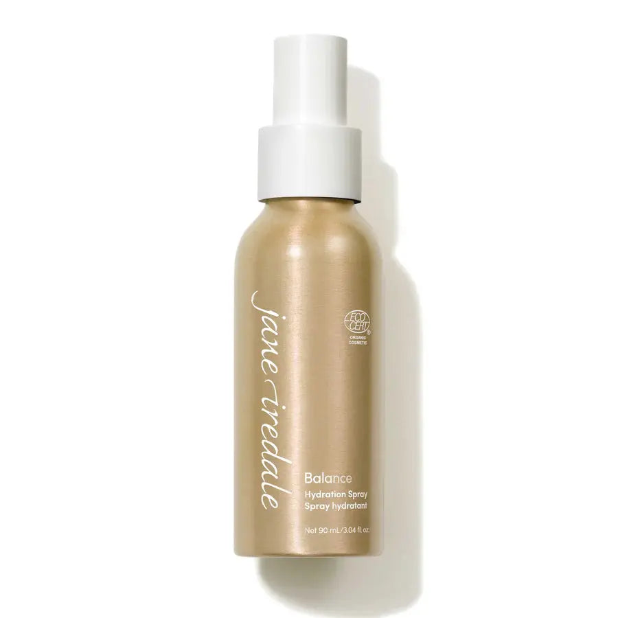Jane Iredale Balance Hydration Spray setting spray with a clear spray bottle and nozzle for refreshing and moisturizing skin.