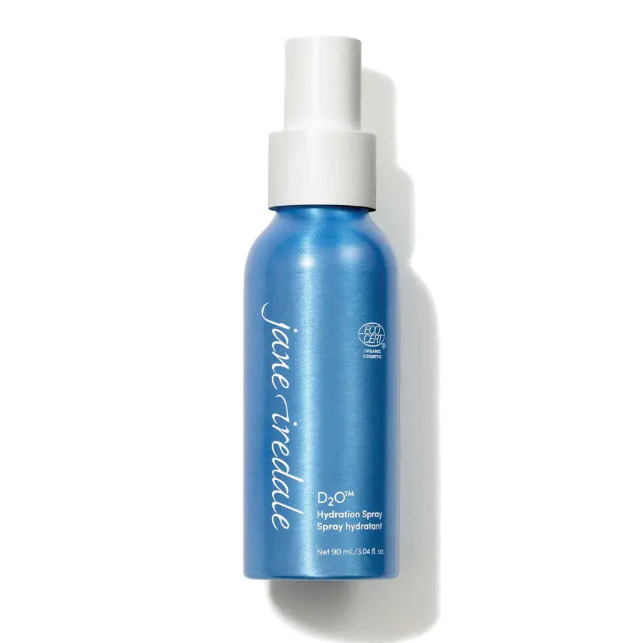 Jane Iredale D2O Hydration Spray setting spray with a clear bottle and mist nozzle, designed to hydrate and refresh the skin.