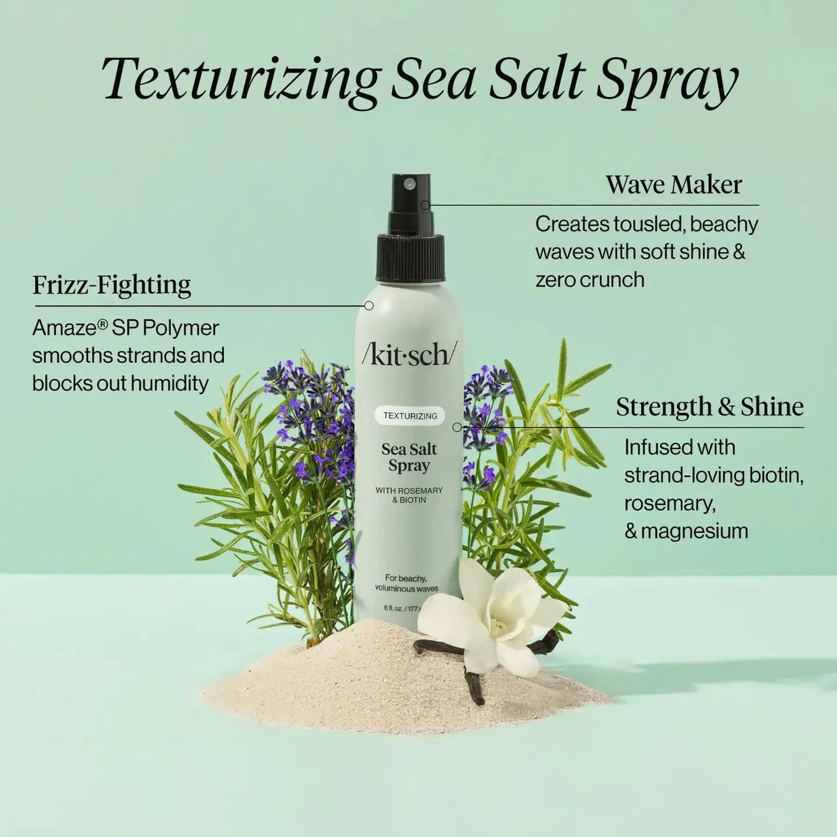Kitsch Texturizing Sea Salt Spray for hair care, showing a spray bottle with textured, wavy hair and beachy style.