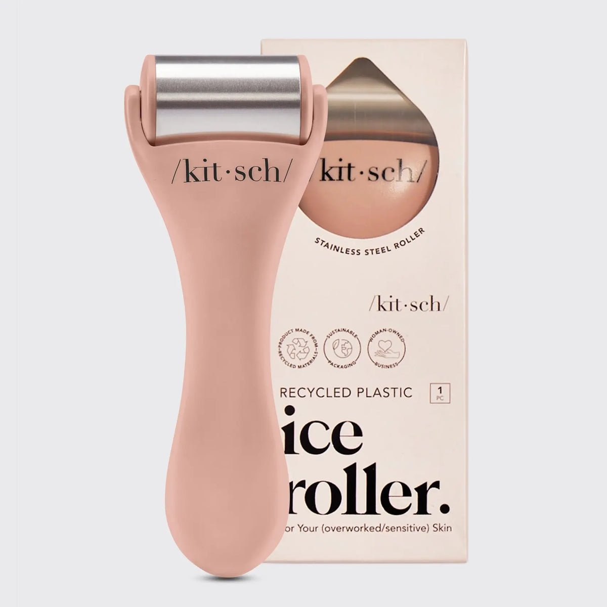 Kitsch Cool Down Ice Roller for skincare, showing a clear plastic roller with a handle, designed for cooling and soothing skin.