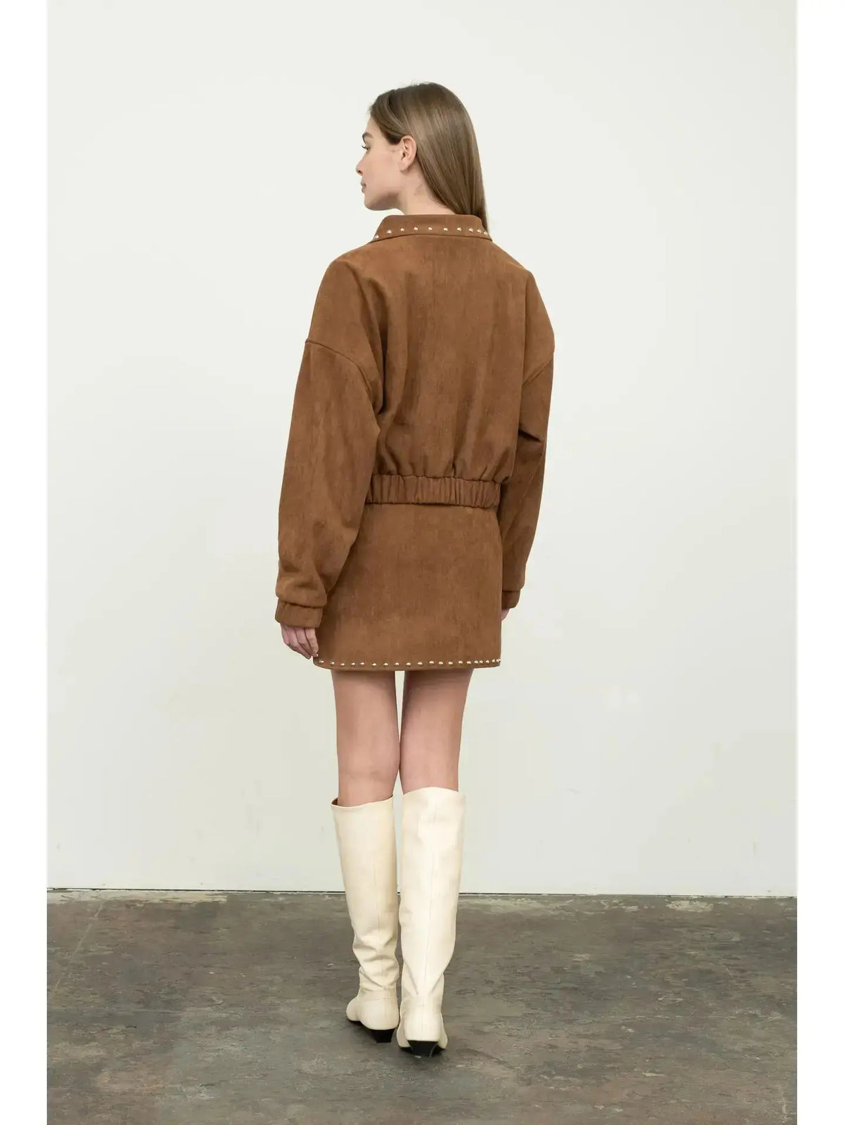 Moonriver Dakota faux suede jacket in extra small size, shown as stylish, soft, tan-colored apparel with a classic fit and smooth texture.