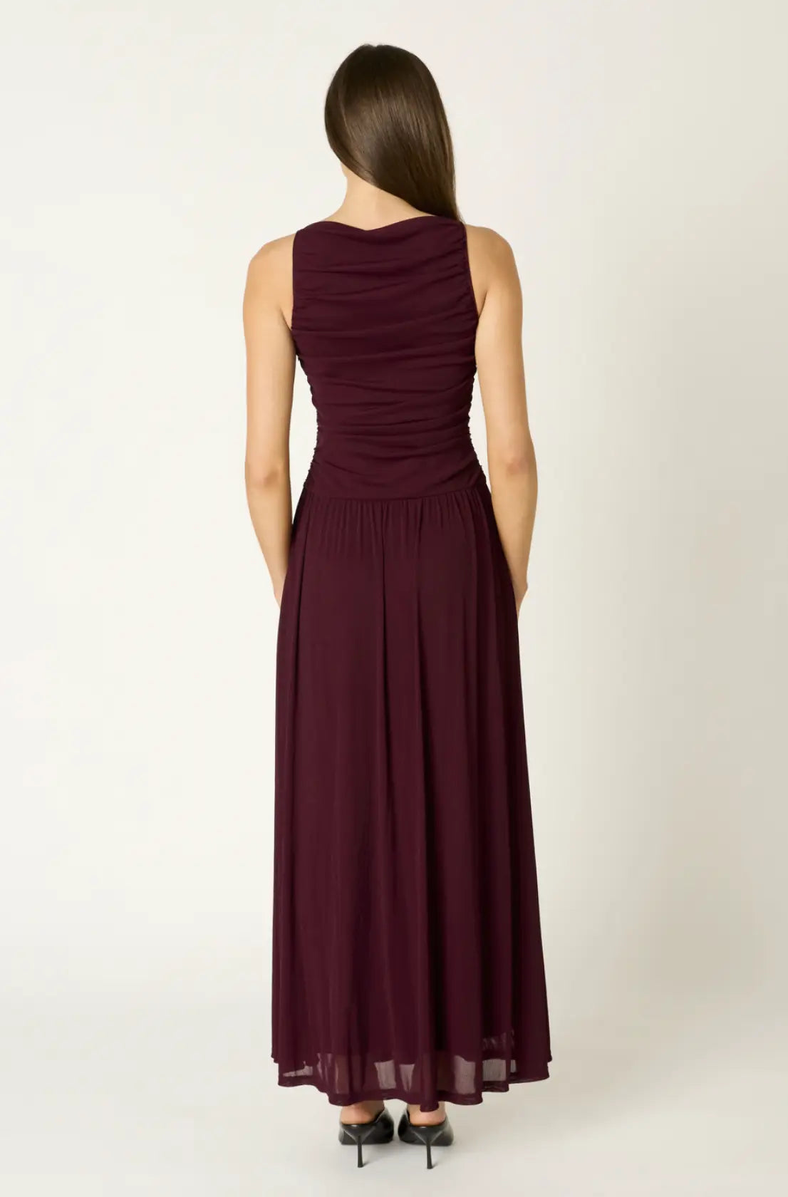 NIA Maren Maxi Dress in extra small size, flowing fabric, sleeveless design, and elegant silhouette for casual or formal wear.